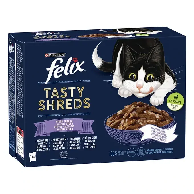FELIX TASTY SHREDS Multipack 12x80g hovädzie/ kura/ losos/ tuniak v šťave