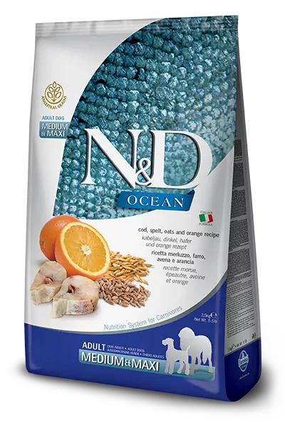 Farmina N&D dog OCEAN (AG) adult medium & maxi, codfish, spelt, oats & orange 12 kg