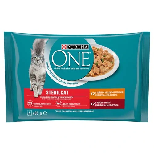 PURINA ONE Multipack Sterilcat mini filetky s kuraťom a zelenými fazuľkami / s hovädzím a mrkvou v šťave 4x85g