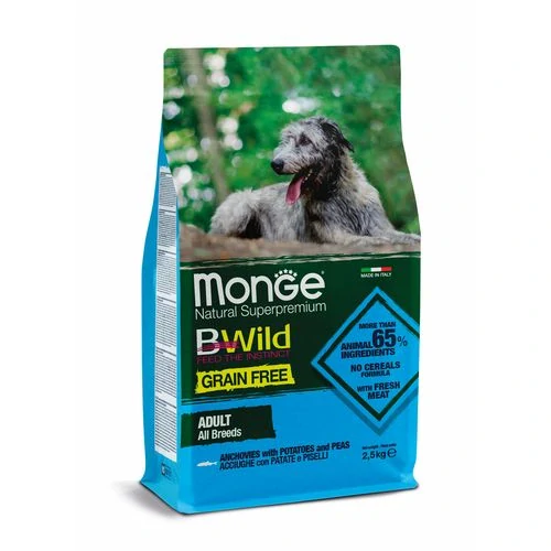 MONGE BWild Grain Free All Breeds 2,5kg bezobilninové kompletné krmivo pre dospelých psov všetkých plemien s ančovičkami, zemiakmi a hráškom