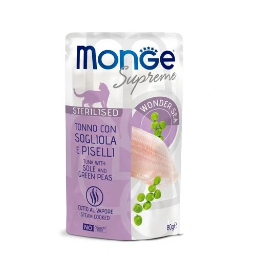 MONGE Supreme Sterilised 80g kapsička tuniakové kúsky so žltoplutvým platýsom a hráškom pre sterilizované mačky