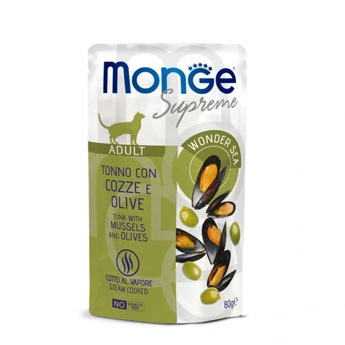 MONGE Supreme Adult 80g kapsička tuniakové kúsky s mušlami a olivami pre dospelé mačky
