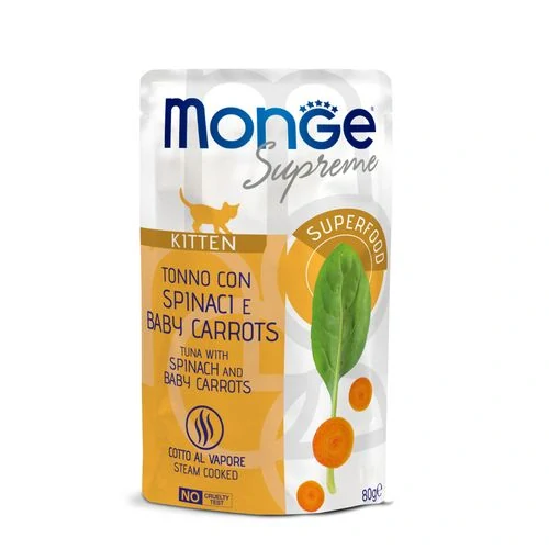 MONGE Supreme Kitten 80g kapsička tuniakové kúsky so špenátom a baby mrkvou pre mačiatka