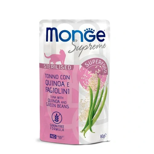 MONGE Supreme Sterilised 80g kapsička tuniakové kúsky s quinoou a zelenou fazuľkou pre sterilizované mačky