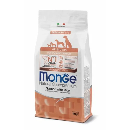MONGE Natural Superpremium All Breeds Puppy 800g monoproteínové krmivo losos/ryža pre šteňatá všetkých plemien