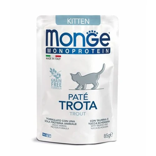 MONGE Monoprotein Pate Kitten 85g monoproteínová paštéta v kapsičke so pstruhom pre mačiatka