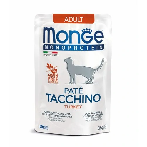 MONGE Monoprotein Pate Adult 85g monoproteínová paštéta v kapsičke s morčacím mäsom pre dospelé mačky