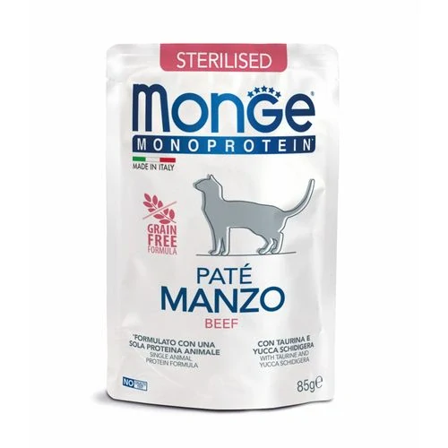 MONGE Monoprotein Pate Sterilised 85g monoproteínová paštéta v kapsičke s hovädzím pre sterilizované mačky