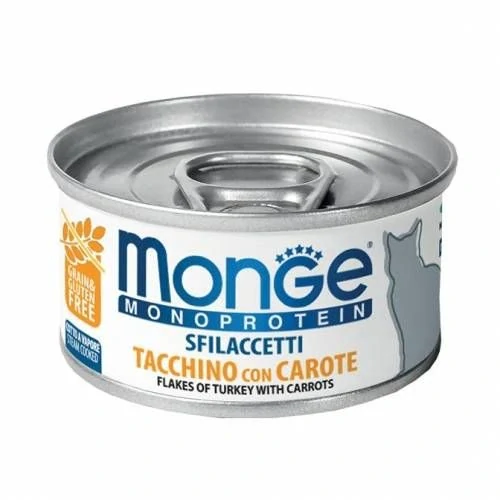 MONGE Monoprotein Flakes Turkey with carrots 80g konzerva pre dospelé mačky s morčacím mäsom a mrkvou