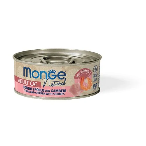 MONGE NATURAL 80g konzerva pre dospelé mačky tuniak s kuracím mäsom a krevetami