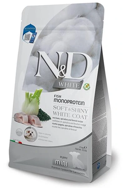 Farmina N&D dog WHITE (GF) puppy mini, sea bass, spirulina & fenel 1,5 kg
