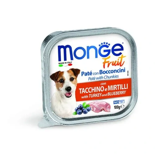 MONGE Fruit Paté and Chunkies 100g paštéta s morčacími kúskami a čučoriedkami pre dospelých psov