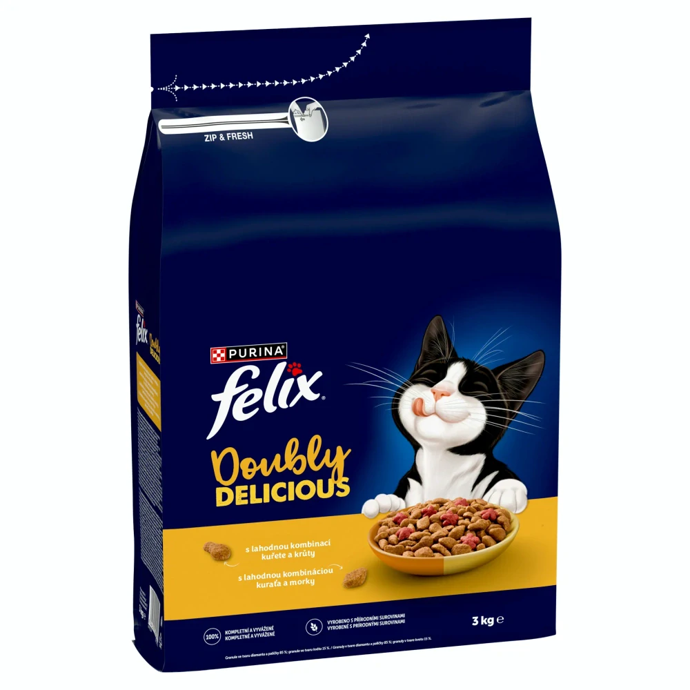 FELIX Doubly Delicious Adult s kuraťom a morkou 3kg suché krmivo pre mačky