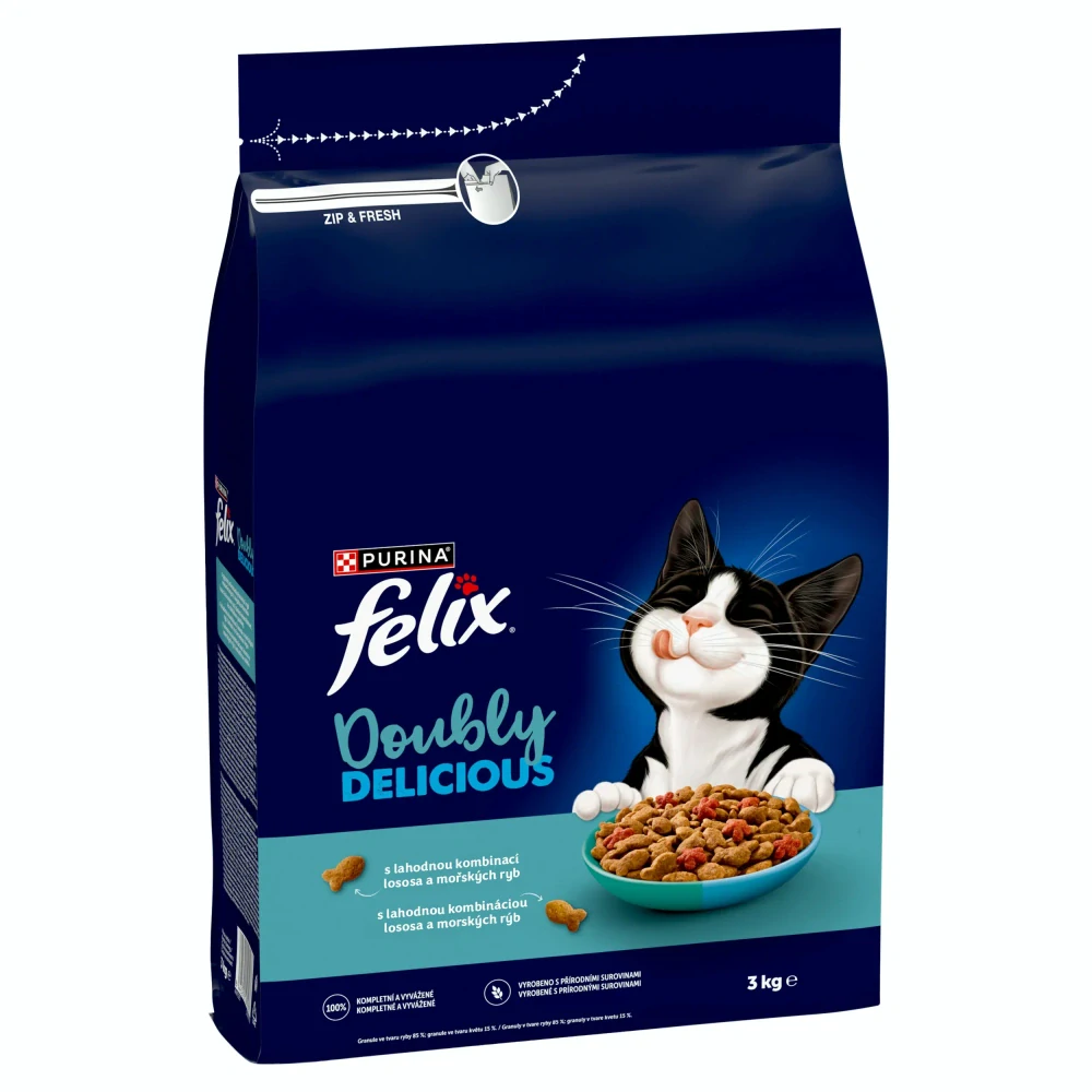 FELIX Doubly Delicious Adult s lososom a morskou rybou 3kg suché krmivo pre mačky