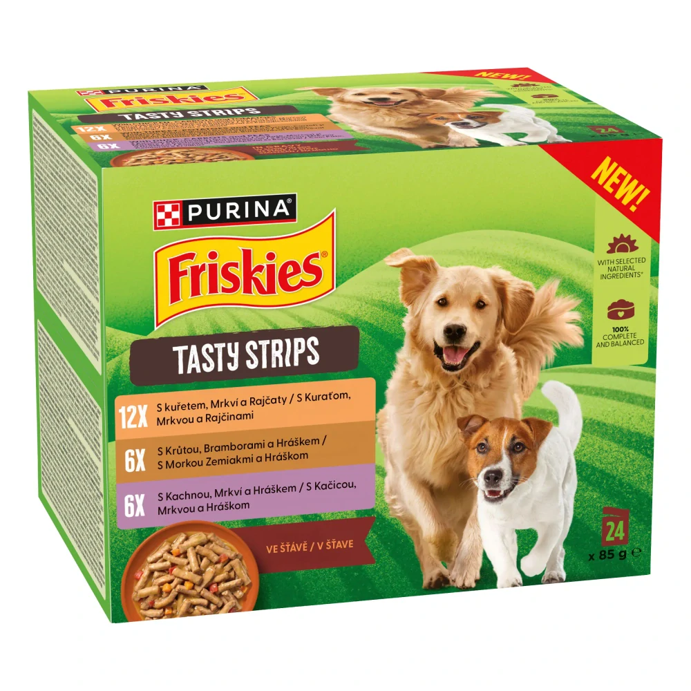 FRISKIES TASTY STRIPS Multipack 24x85g kura, morka, kačica so zeleninou v šťave