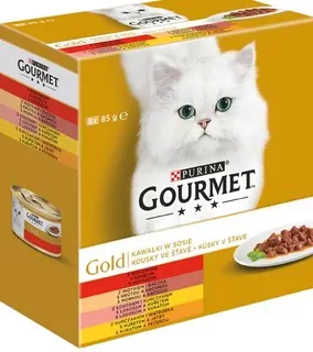 Nestlé GOURMET GOLD Multipack hovädzie, morka s kačicou, losos s kuraťom, kura s pečeňou v šťave konz.8x85 g