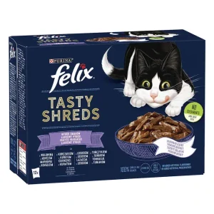 FELIX TASTY SHREDS Multipack 12x80g hovädzie/ kura/ losos/ tuniak v šťave