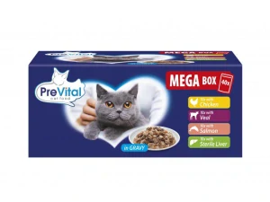 PreVital Mega BOX 40x100g kapsičky pre mačky kura, losos, teľa a pečeň v sťave