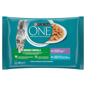 PURINA ONE Multipack Indoor mini filetky s tuniakom a zelenými fazuľkami / s teľacím a mrkvou v šťave 4x85g