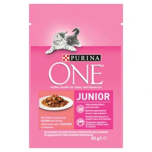 PURINA ONE Junior mini filetky s lososom a mrkvou v šťave 85g