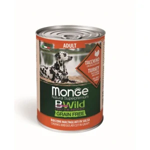 MONGE BWild Grain Free Adult 400g bezobilninové vlhké krmivo pre dospelých psov morčacie kúsky v omáčke s tekvicou a cuketou