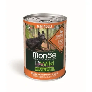 MONGE BWild Grain Free Mini Adult 400g bezobilninové vlhké krmivo pre dospelých psov malých plemien kačacie kúsky v omáčke, s tekvicou a cuketou