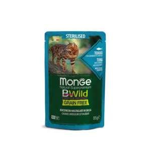 MONGE BWild Cat Grain Free Sterilised 85g kapsička pre sterilizované mačky tuniak s krevetami a zeleninou