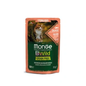 MONGE BWild Cat Grain Free Sterilised 85g kapsička pre sterilizované mačky losos s krevetami a zeleninou