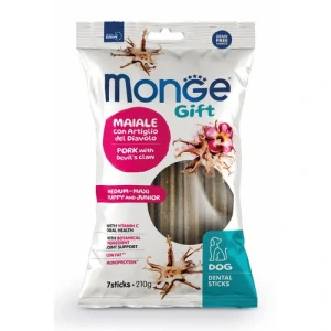 MONGE GIFT Dental Sticks Puppy Medium-Maxi 210g/7ks dentálne pochúťky pre šteňatá s bravčovým mäsom a čertovým pazúrom