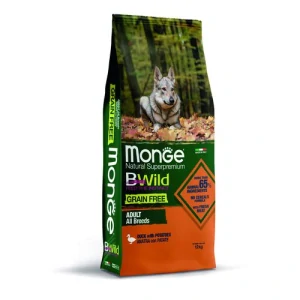 MONGE BWild Grain Free Adult 12kg bezobilninové kompletné krmivo pre dospelých psov všetkých plemien s kačacím mäsom a zemiakmi