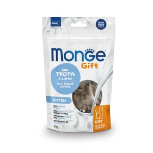 MONGE GIFT Kitten 60g chrumkavé a plnené pochúťky pre mačiatka pstruh s mliekom