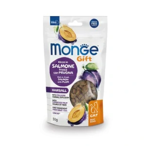 MONGE GIFT Meat Minis Hairball 50g mäsové pochúťky pre mačky proti tvorbe bezoárov losos so slivkou