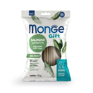 MONGE GIFT Dental Sticks Mini 120g/7ks dentálna pochúťka pre psov losos so šalviou