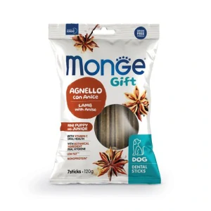 MONGE GIFT Dental Sticks Puppy Mini 120g/7ks dentálna pochúťka pre šteňatá s jahňacím mäsom a anízom