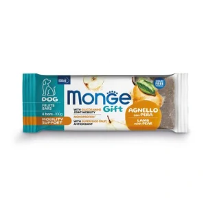 MONGE GIFT Fruit bars Mobility 100g/4ks ovocné tyčinky pre psov na podporu mobility s jahňacím mäsom a hruškou