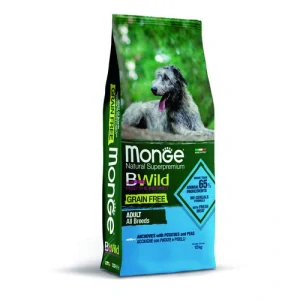 MONGE BWild Grain Free All Breeds 12kg bezobilninové kompletné krmivo pre dospelých psov všetkých plemien s ančovičkami, zemiakmi a hráškom