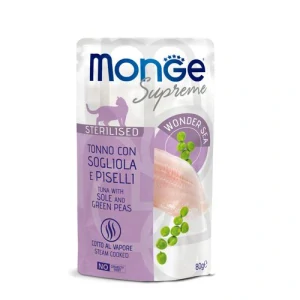 MONGE Supreme Sterilised 80g kapsička tuniakové kúsky so žltoplutvým platýsom a hráškom pre sterilizované mačky