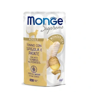 MONGE Supreme Adult 80g kapsička tuniakové kúsky s morským vlkom a zemiakmi pre dospelé mačky