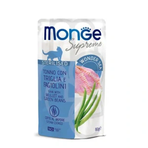 MONGE Supreme Sterilised 80g kapsička tuniakové kúsky s parmicou a zelenou fazuľkou pre sterilizované mačky