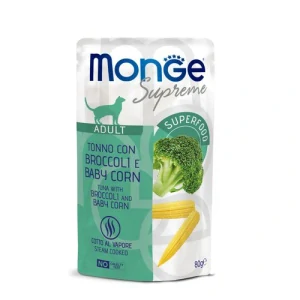 MONGE Supreme Adult 80g kapsička tuniakové kúsky s brokolicou a mladou kukuricou pre dospelé mačky
