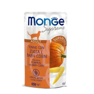 MONGE Supreme Adult 80g kapsička tuniakové kúsky s tekvicou a mladou kukuricou pre dospelé mačky