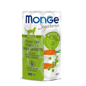 MONGE Supreme Adult 80g kapsička tuniakové kúsky so zelenou fazuľkou a baby mrkvou pre dospelé mačky