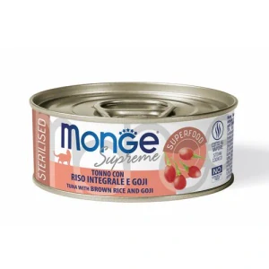 MONGE Supreme Sterilised 80g tuniakové kúsky s hnedou ryžou a goji pre sterilizované mačky