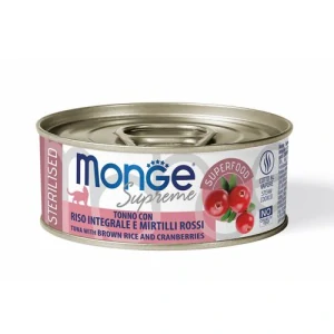 MONGE Supreme Sterilised 80g tuniakové kúsky s hnedou ryžou a brusnicami pre sterilizované mačky