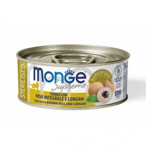 MONGE Supreme Sterilised 80g tuniakové kúsky s hnedou ryžou a longanom pre sterilizované mačky