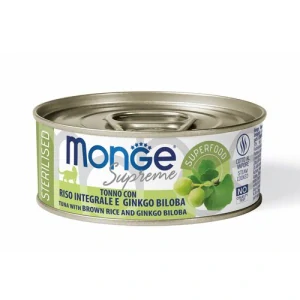 MONGE Supreme Sterilised 80g tuniakové kúsky s hnedou ryžou a ginkom bilobou pre sterilizované mačky