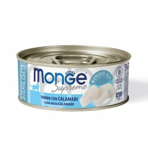 MONGE Supreme Sterilised 80g tuniakové kúsky s kalamárom pre sterilizované mačky