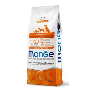 MONGE Natural Superpremium All Breeds Adult 12kg monoproteínové krmivo kačica/ryža/zemiaky pre dospelé psy všetkých plemien
