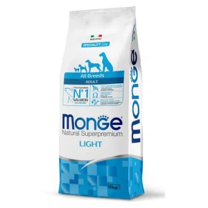 MONGE Natural Superpremium All Breeds Light 12kg diétne krmivo losos/ryža pre dospelé psy všetkých plemien