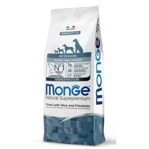 MONGE Natural Superpremium All Breeds Puppy 12kg monoproteínové krmivo pstruh/ryža/zemiaky pre šteňatá všetkých plemien